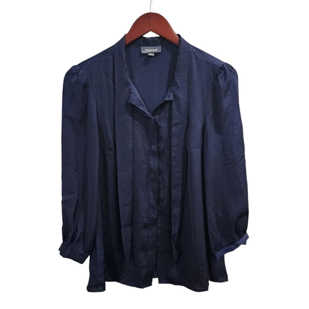 ModCloth Navy Blue Pussybow Tie Collar Blouse, sz Small Womens